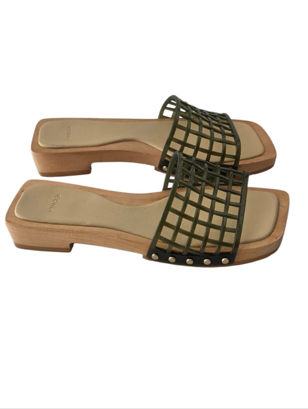 VINCE Chive Wood Slide Sandals Olive Cage Leather Size 9 M - Picture 6 of 9